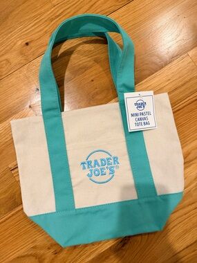 Trader Joe’s Mini Canvas Tote Bag - Cream with Teal Accents